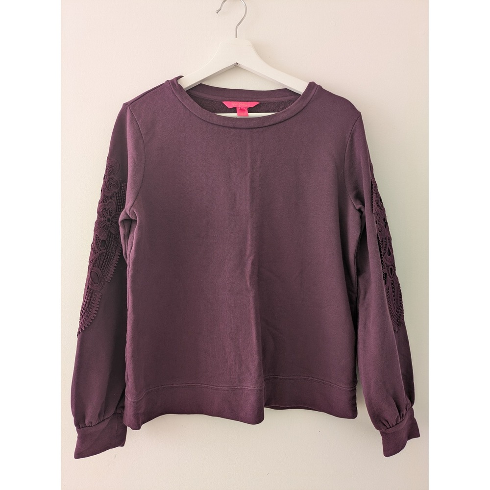 Lilly Pulitzer Rooney Sweatshirt Cherry Ganache Purple Lace Sleeve Womens Size S